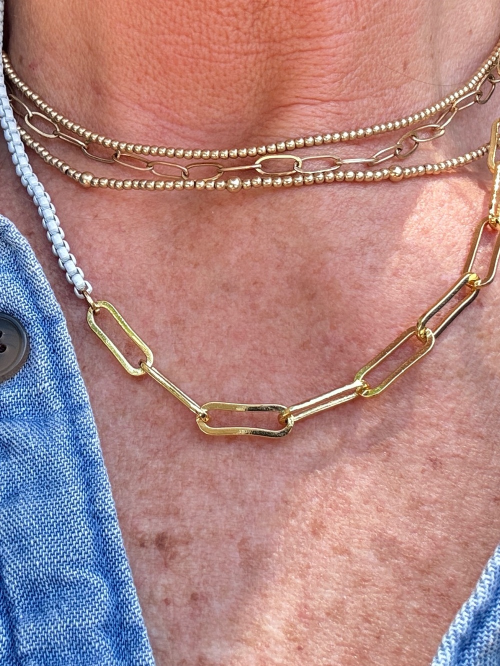 Gold Layered Bead and Chain Necklace Set with White Braided Accent - Picture 2 of 7